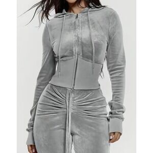Musera Womens Grey Velour Corset Zip Up Hoodie Cropped Velvet Sweatshirt NEW